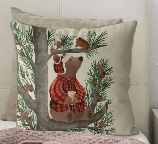 Pillow for sofa, with Bear in pine tree, & squirrel
