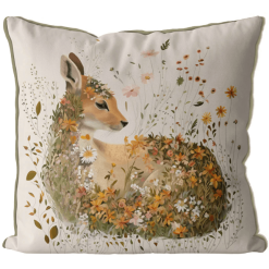 Pillow with hand painted art of a fawn with fall color flowers all around.