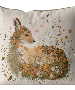 Pillow with hand painted art of a fawn with fall color flowers all around.