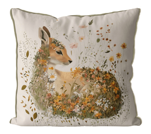 Pillow with hand painted art of a fawn with fall color flowers all around.