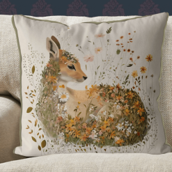 Pillow with hand painted art of a fawn with fall color flowers all around.