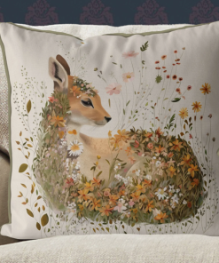 Pillow with hand painted art of a fawn with fall color flowers all around.