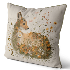 Pillow with hand painted art of a fawn with fall color flowers all around.