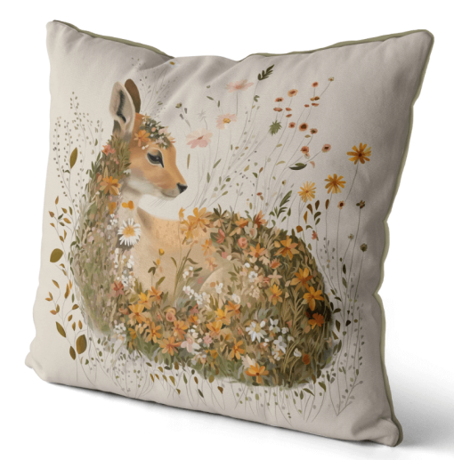 Pillow with hand painted art of a fawn with fall color flowers all around.