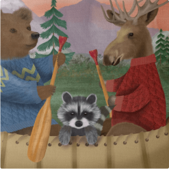 A pillow featuring hand painted art of Bear, moose and raccoon riding down the river in a canoe.