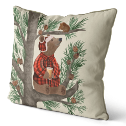 Pillow for sofa, with Bear in pine tree, & squirrel