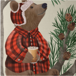 Pillow for sofa, with Bear in pine tree, & squirrel