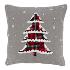 Christmas Tree with plaid tree fabric and snow tipped edges, on grey fabric.