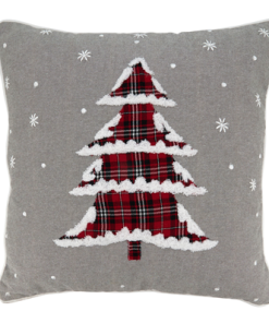 Christmas Tree with plaid tree fabric and snow tipped edges, on grey fabric.