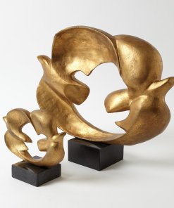 2 doves connected by their wings that forms a circle. Gold leaf finish sits on black granite base.