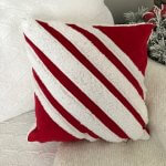 Diagonal stripe, red & white sherpa pillow.