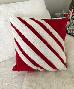 Diagonal stripe, red & white sherpa pillow.