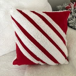 Diagonal stripe, red & white sherpa pillow.