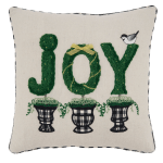 Joy Topiary pillow with checked backside and bird.