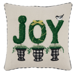 Joy Topiary pillow with checked backside and bird.