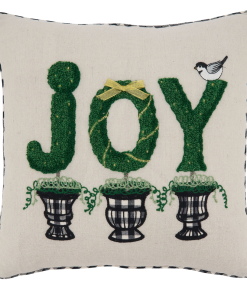 Joy Topiary pillow with checked backside and bird.