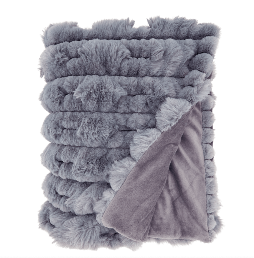 Grey ruched throw blanket folded front and backside.