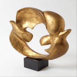 2 doves connected by their wings that forms a circle. Gold leaf finish sits on black granite base.