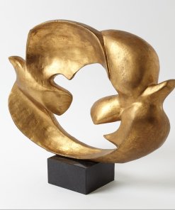 2 doves connected by their wings that forms a circle. Gold leaf finish sits on black granite base.