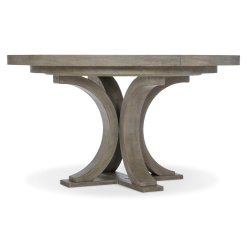 Albion white oak round dining table four curved legs angle view.
