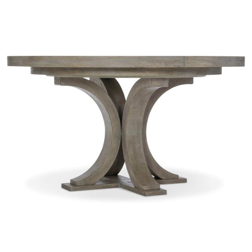 Albion white oak round dining table four curved legs angle view.