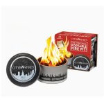 Portable fire pit package shown with fire lit.