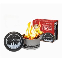 Portable fire pit package shown with fire lit.