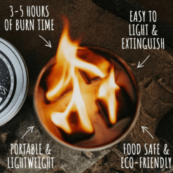 Portable fire pit graphic with features displayed.