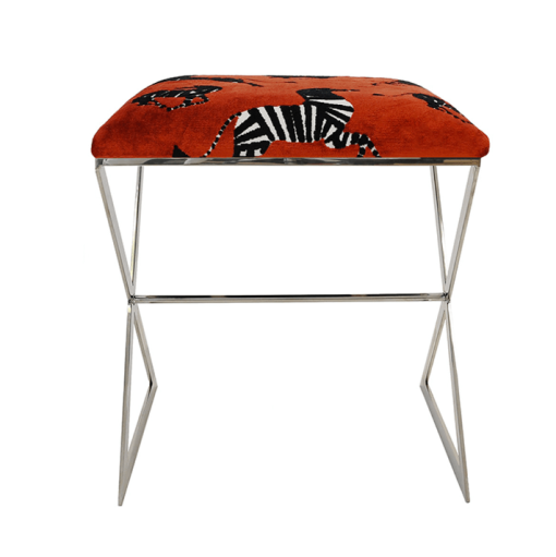 X-stool with poppy zebra upholstery front view