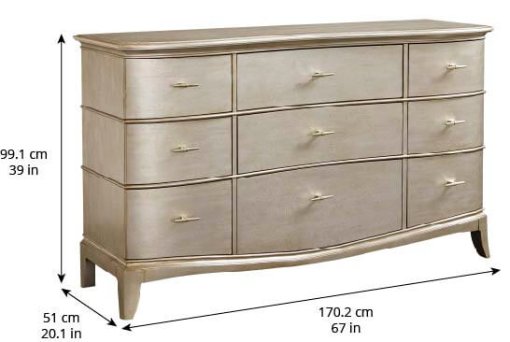 Starlite 9 drawer dresser front view showing dimensions.