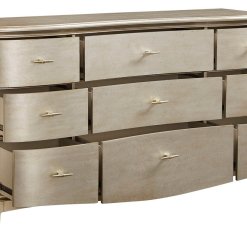 Starlite 9 drawer dresser with open drawers.