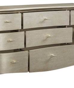 Starlite 9 drawer dresser with open drawers.