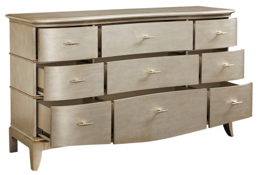 Starlite 9 drawer dresser with open drawers.