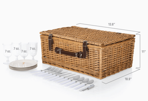 Blue&W Stripe picnic basket with pieces measurement.