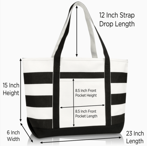 23" b&w tote bag front view with dimensions.