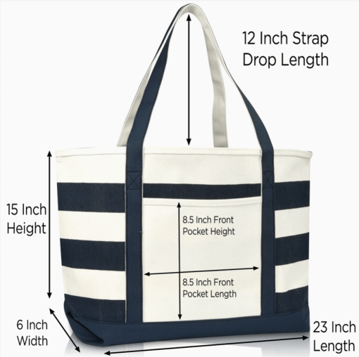 23" Navy tote bag front view with dimensions.