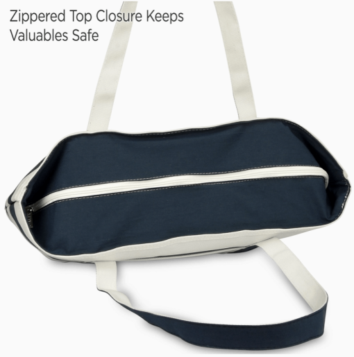 23" Navy tote bag top zipper.