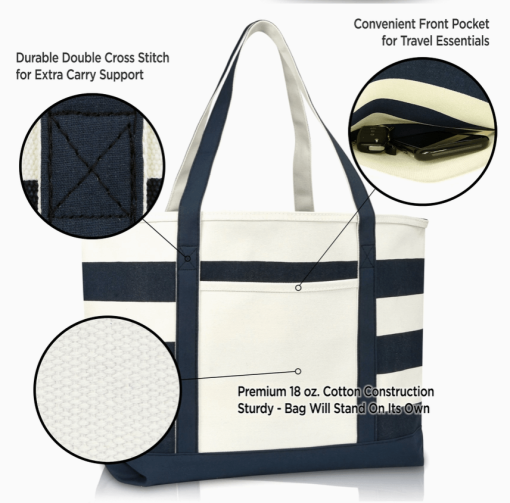 23" Navy tote bag call outs.