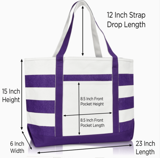 23" Purple tote bag front view with dimensions.