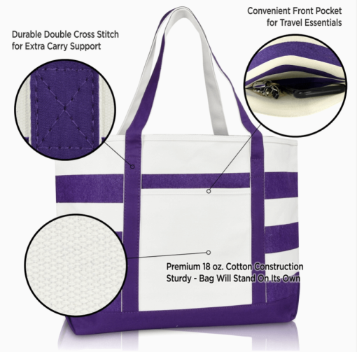 23" Purple tote bag call outs.