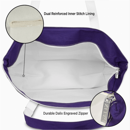 23" Purple tote bag open top showing reinforcements.