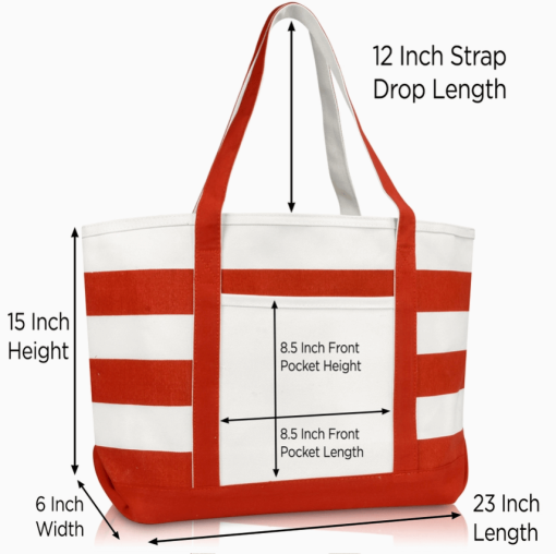 23" Red tote bag front view with dimensions.