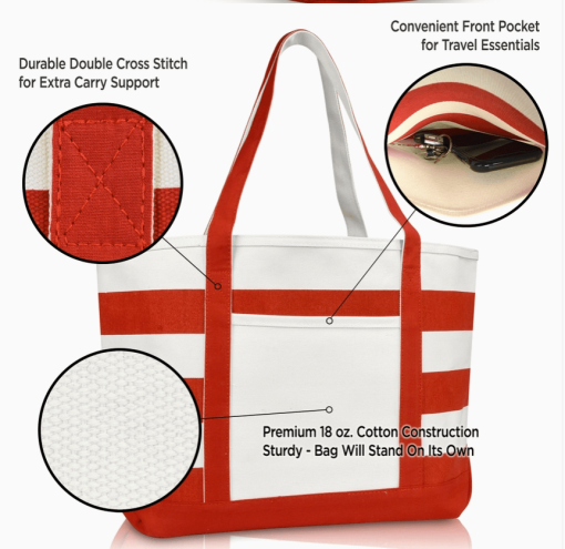 23" Red tote bag call outs.