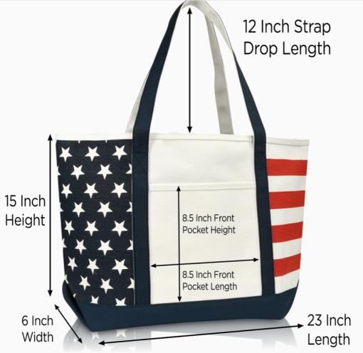 23" USA tote bag front view with dimensions.