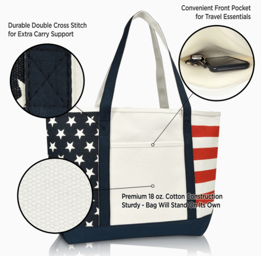 23" Stars tote bag call outs.