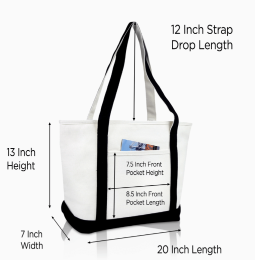 Black monogram tote bag front view with dimensions.
