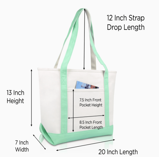 Mint Green monogram tote bag front view with dimensions.