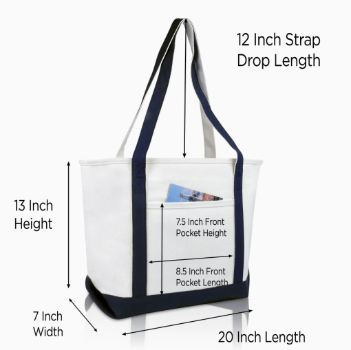 Navy monogram tote bag front view with dimensions.