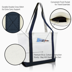 Navy monogram tote bag callout options.
