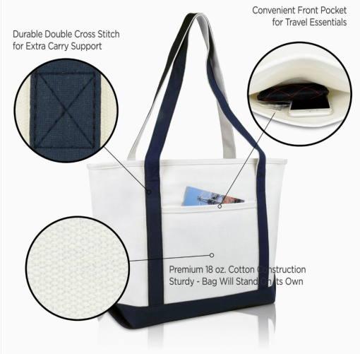 Navy monogram tote bag callout options.